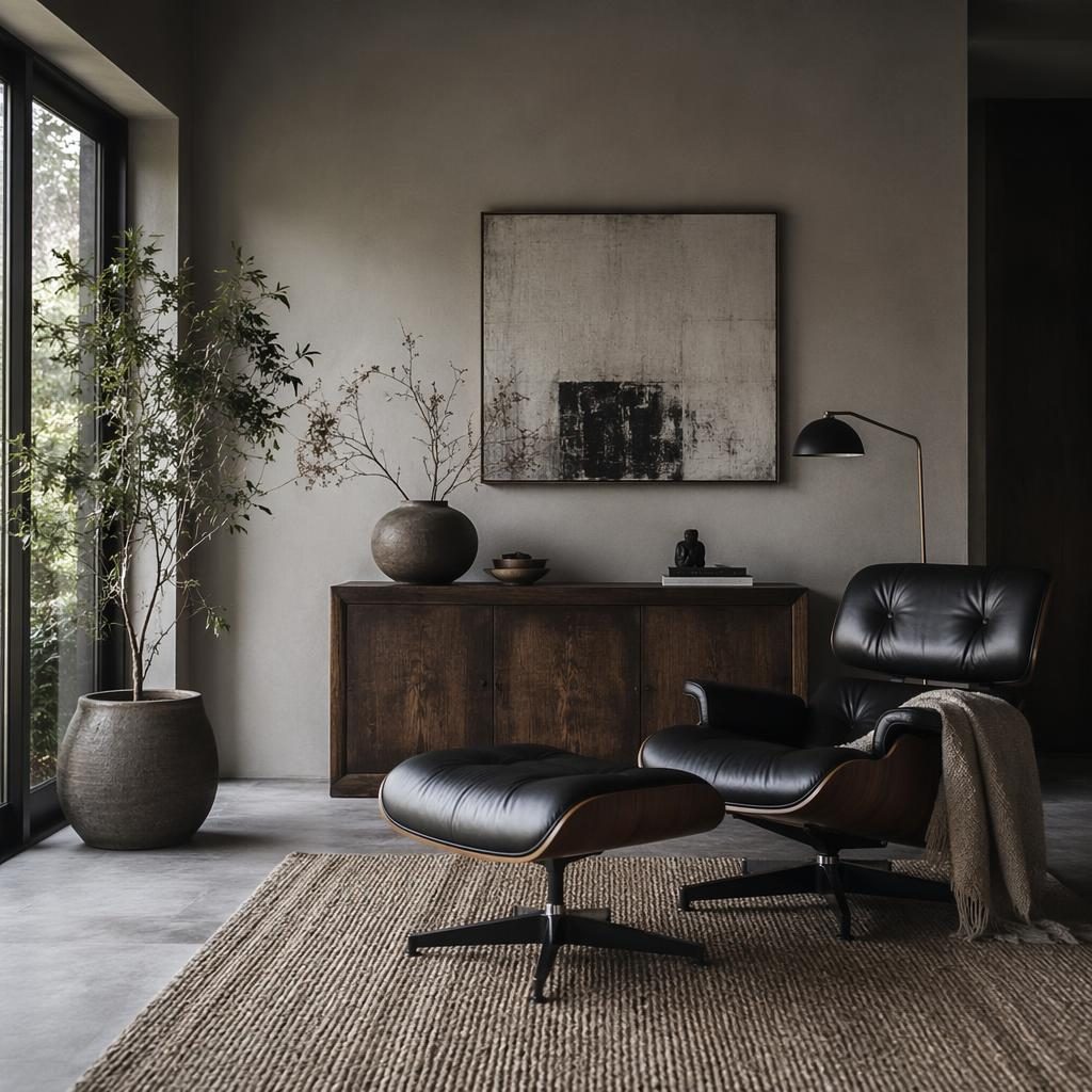 Wabi-sabi entryway interior with a mid century reading lounge, cool grey palette, natural materials, plants, art, and soft daylight.