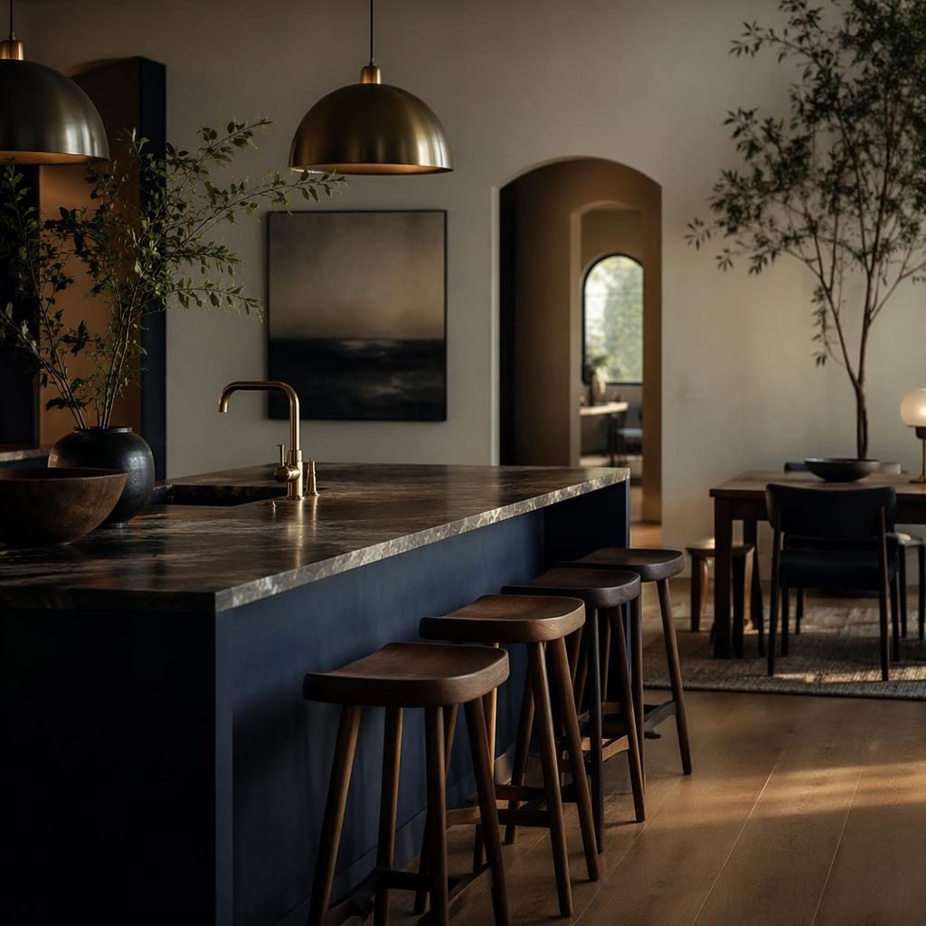 Moody japandi dining room and kitchen island with blue and brass accents, natural wood, plants, art, and textiles.