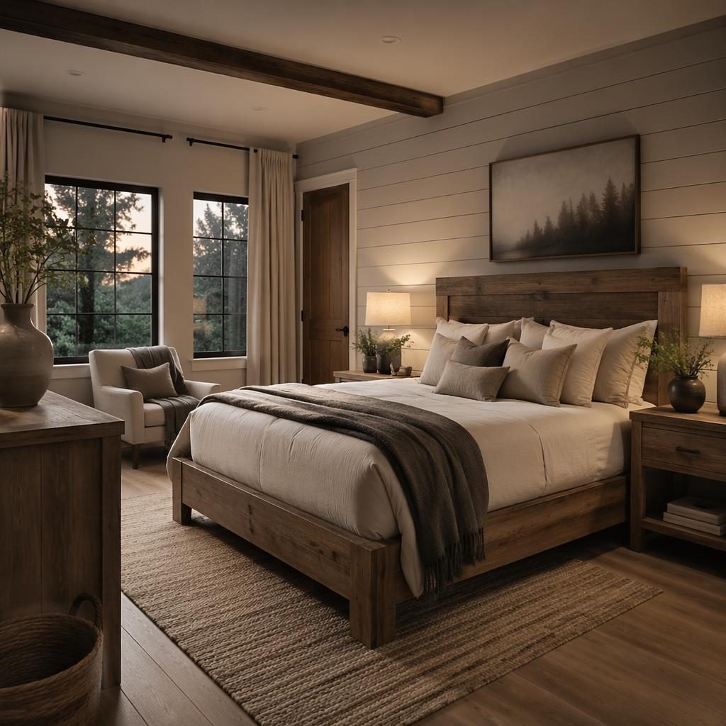 Warm earth-tone farmhouse bedroom with reclaimed wood, plants, textiles, art, and minimalist interior styling