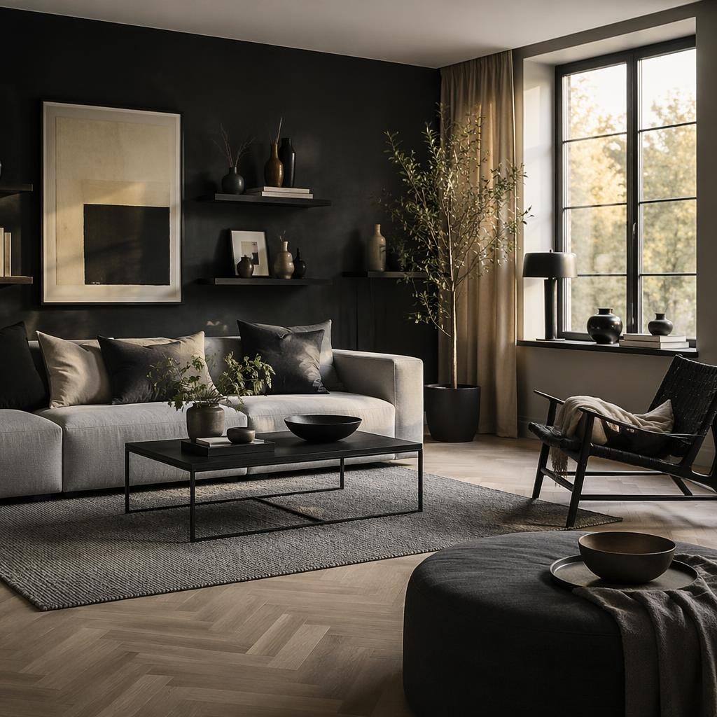 Skandinavisches Schlafzimmer mit Erdtönen, natürlichen Materialien, Pflanzen, Textilien und warmem Abendlicht