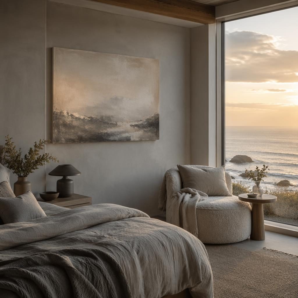 Muted wabi sabi coastal reading nook with cool grey tones, canvas wall art, natural textures, plants, and golden hour light