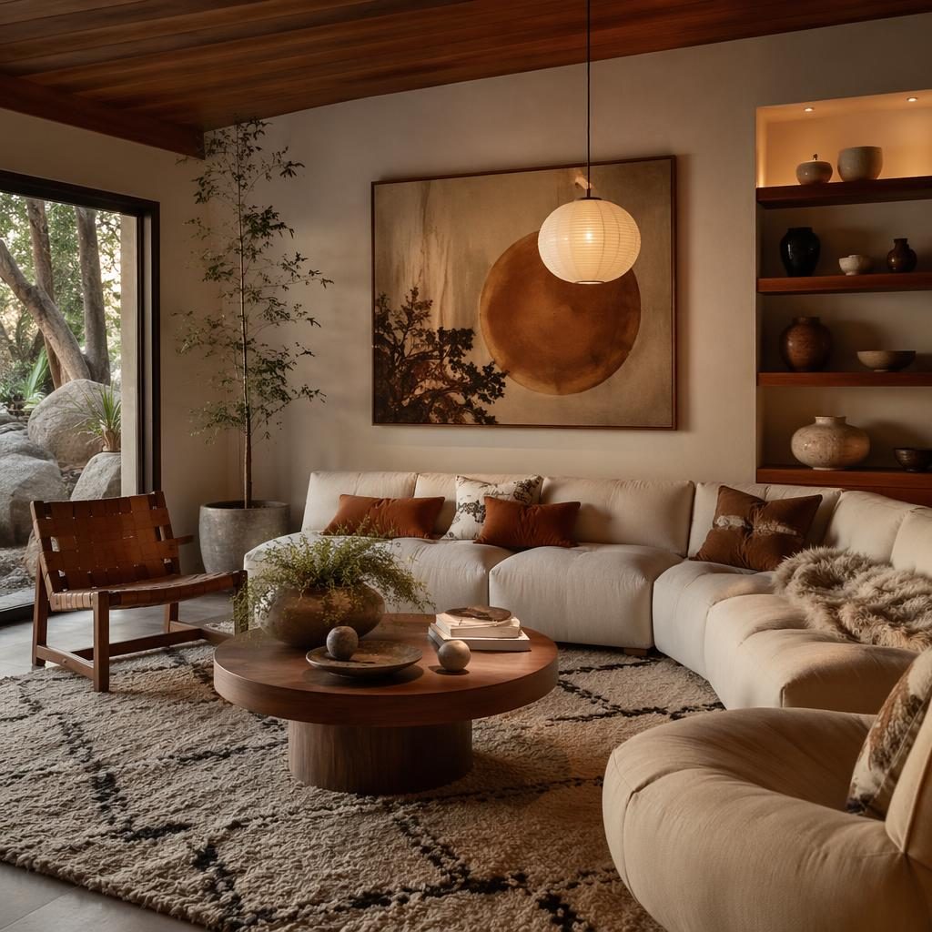 Coastal living room in white and blue with 70s interior styling, natural textures, plants, art, and moody lighting.