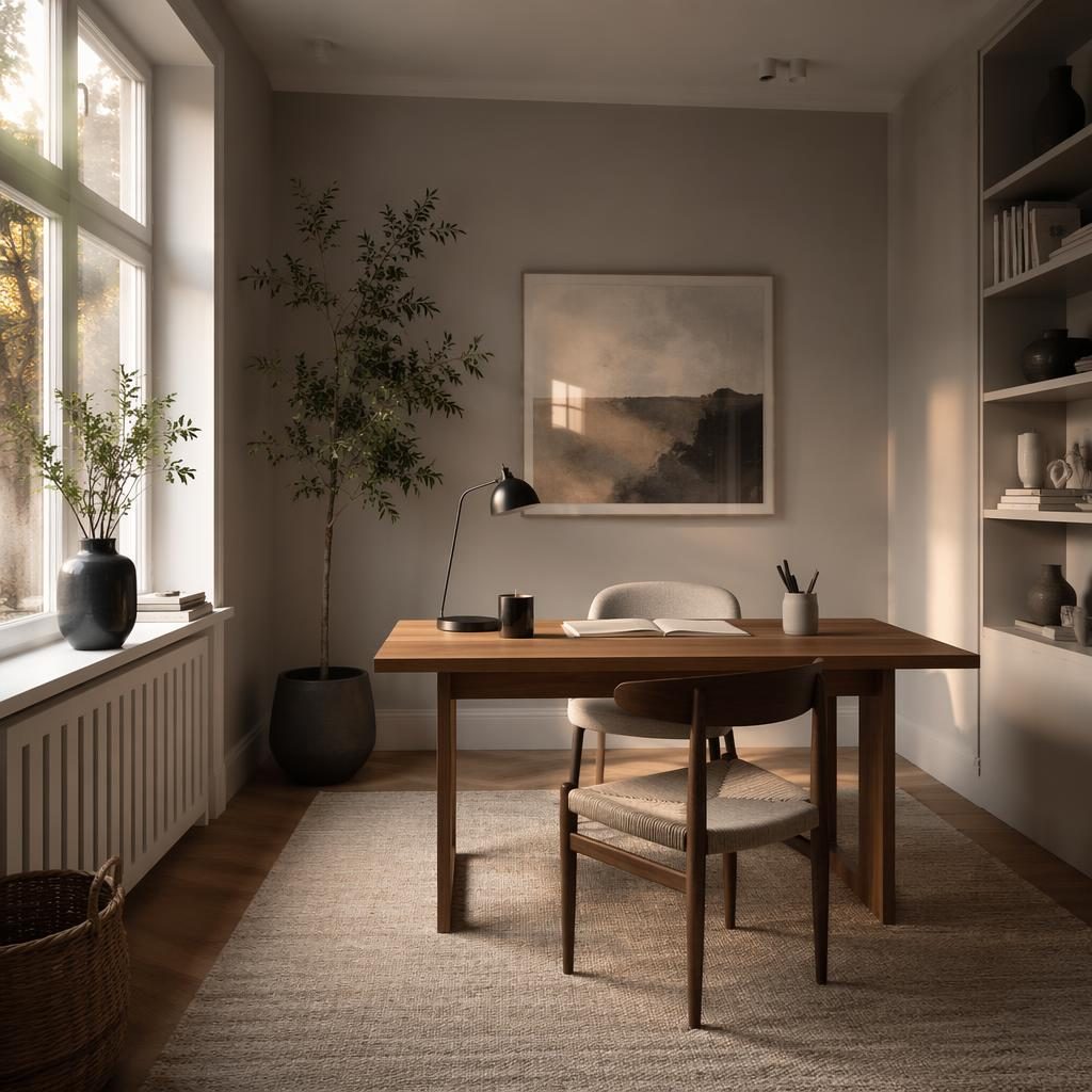 Bureau scandinave minimaliste aux tons gris froids, lumière dorée, bois naturel, plantes, textiles et art mural.