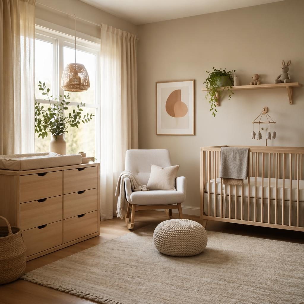 Skandinavisches Kinderzimmer im Eingangsbereich-Stil mit warmen Neutraltönen, Holz, Pflanzen, Textilien und weichem Tageslicht