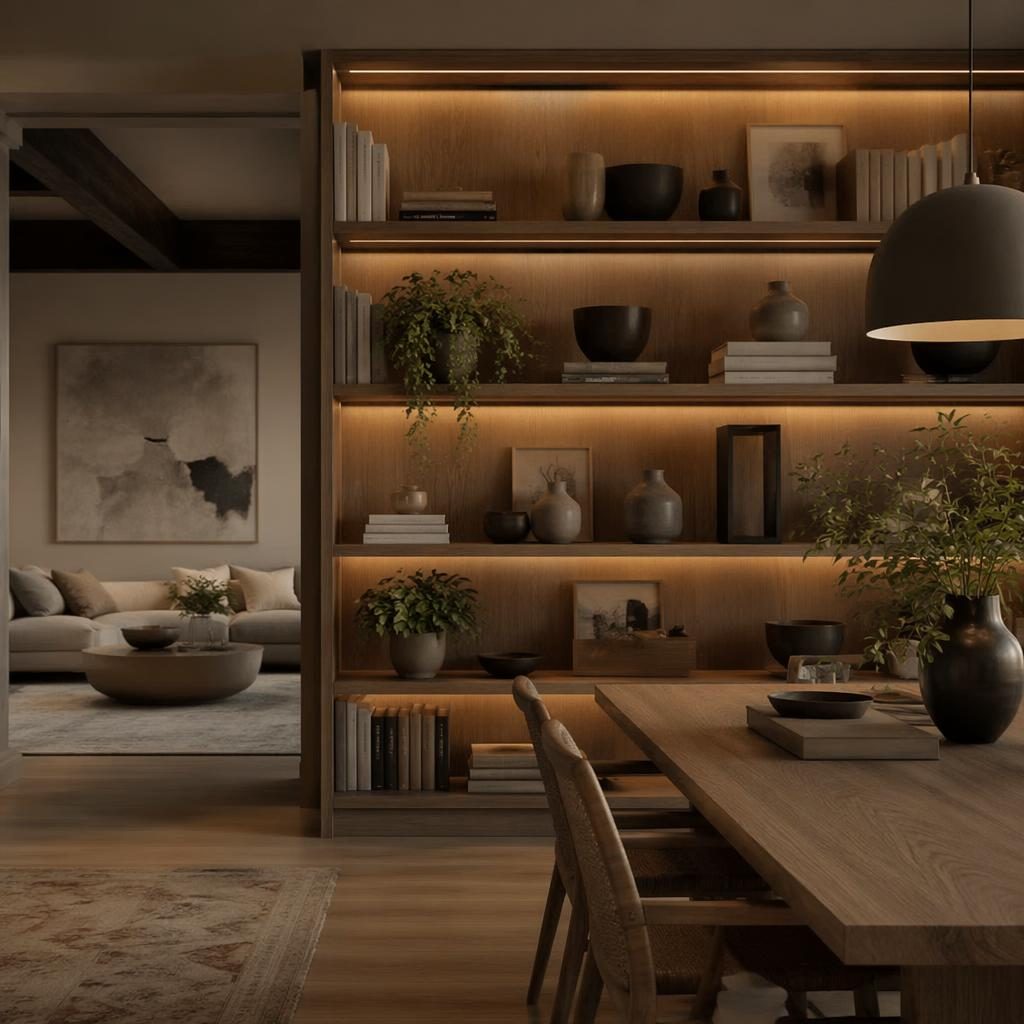 Gimnasio en casa de estilo escandinavo con tonos neutros cálidos, estanterías decoradas, plantas, textiles y luz de tarde
