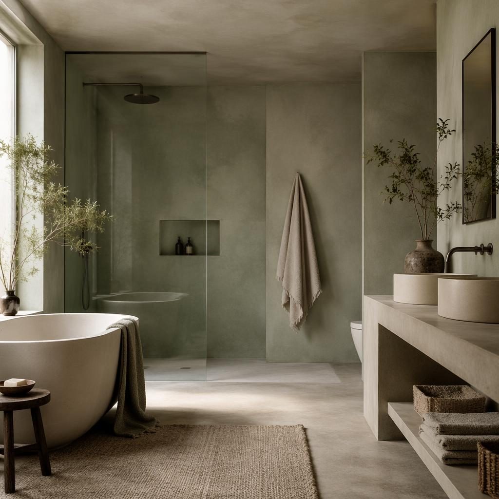 Luxuriöses modernes Spa-Badezimmer in Salbei und Creme mit Naturmaterialien, Pflanzen, Textilien und weichem Licht