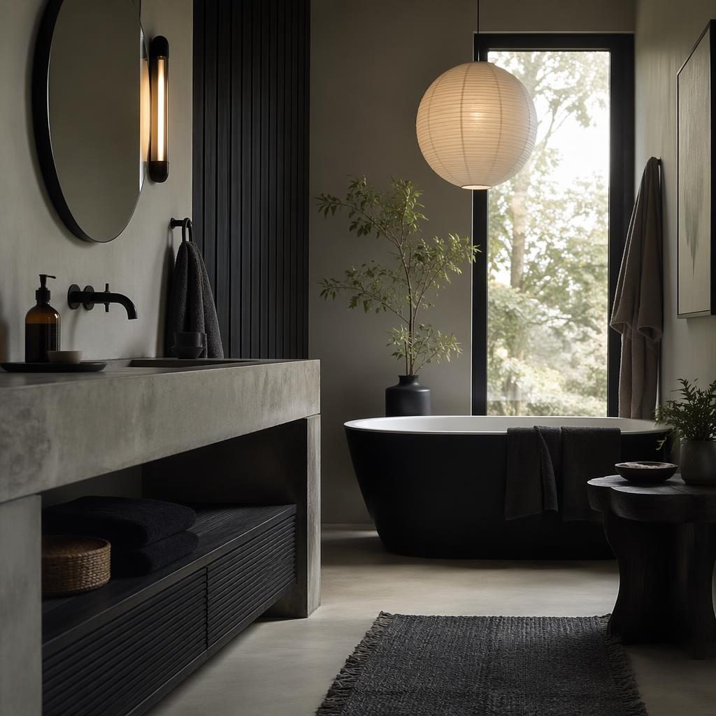Japandi-Arbeitszimmer mit schwarz-weißer Palette, natürlichen Materialien, Pflanzen, Kunst und textilen Akzenten