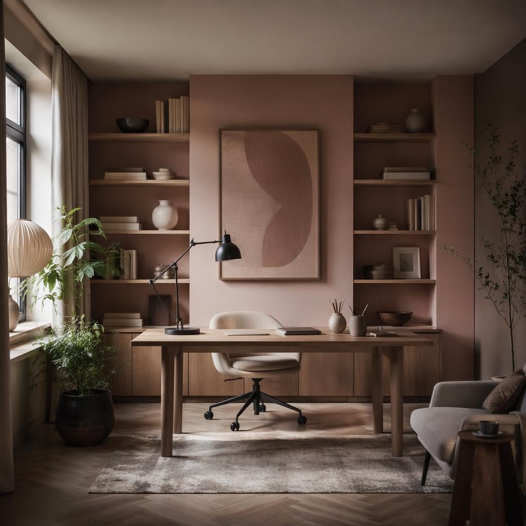 Skandinavische Japandi-Küche in Pastellrosa und Beige mit Naturmaterialien, Pflanzen, Kunst, Textilien und moody Licht