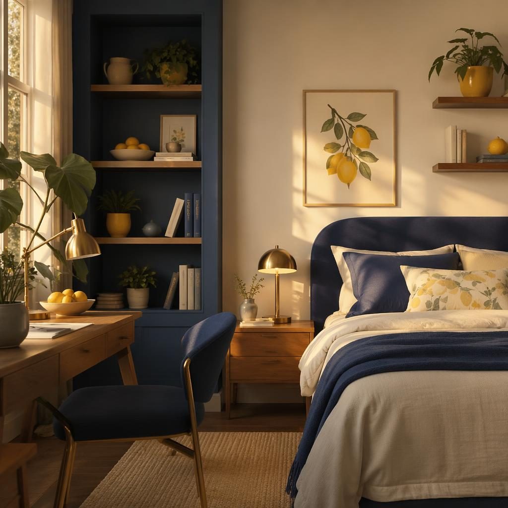 Modern teen walk-in closet interior in blue and brass with lemon decorations, plants, art, textiles, and golden hour light.