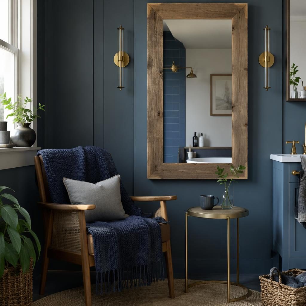 Industrial bathroom interior with blue and brass accents, soft daylight, plants, textiles, art, and a Scandinavian reading nook.