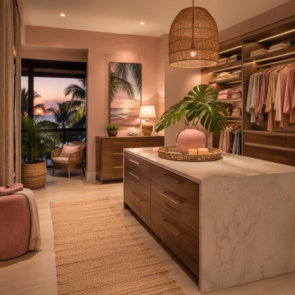 Luxury walk-in closet interior in pastel pink and beige with teak accents, plants, art, textiles, and warm evening light.