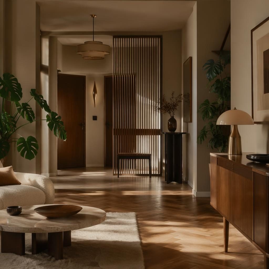 Mid-Century-Wohnzimmer mit warmen Naturtönen, Art-Déco-Eingang, Pflanzen, Textilien und stimmungsvoller Beleuchtung