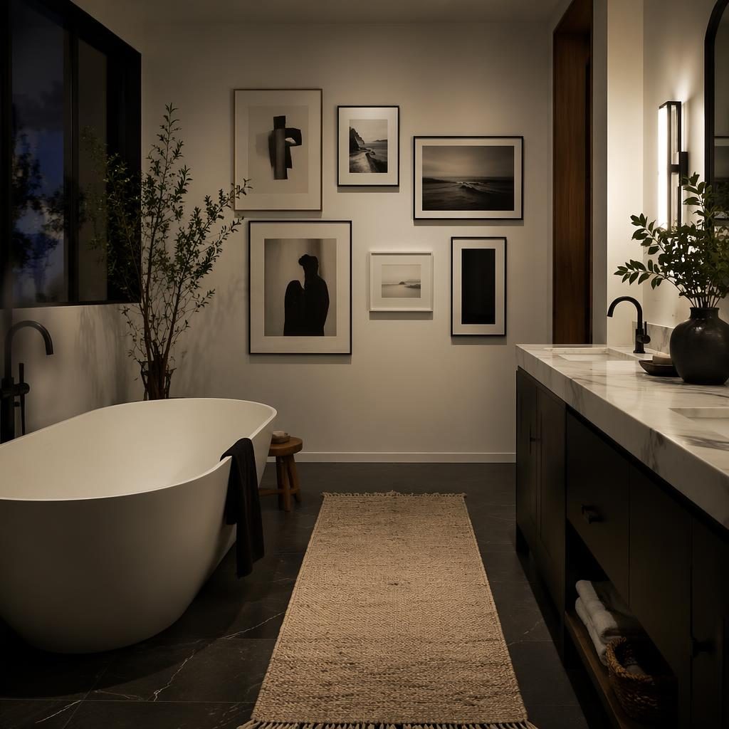 Mid-century bathroom in a black and white palette with natural materials, plants, art, textiles, and warm evening light.