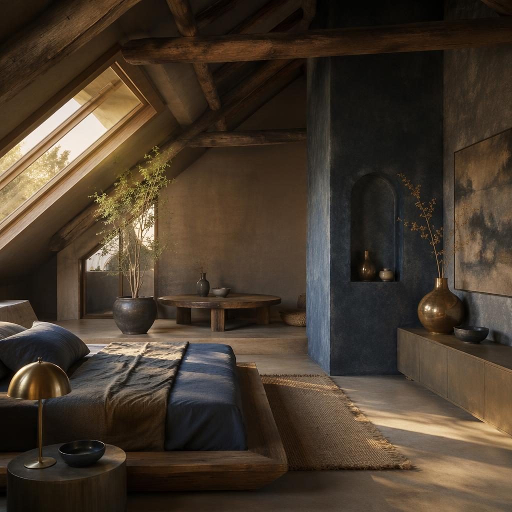 Wabi-Sabi Schlafzimmer im Dachgeschoss mit blauen Akzenten, Messingdetails, Naturmaterialien und Pflanzen im Goldlicht