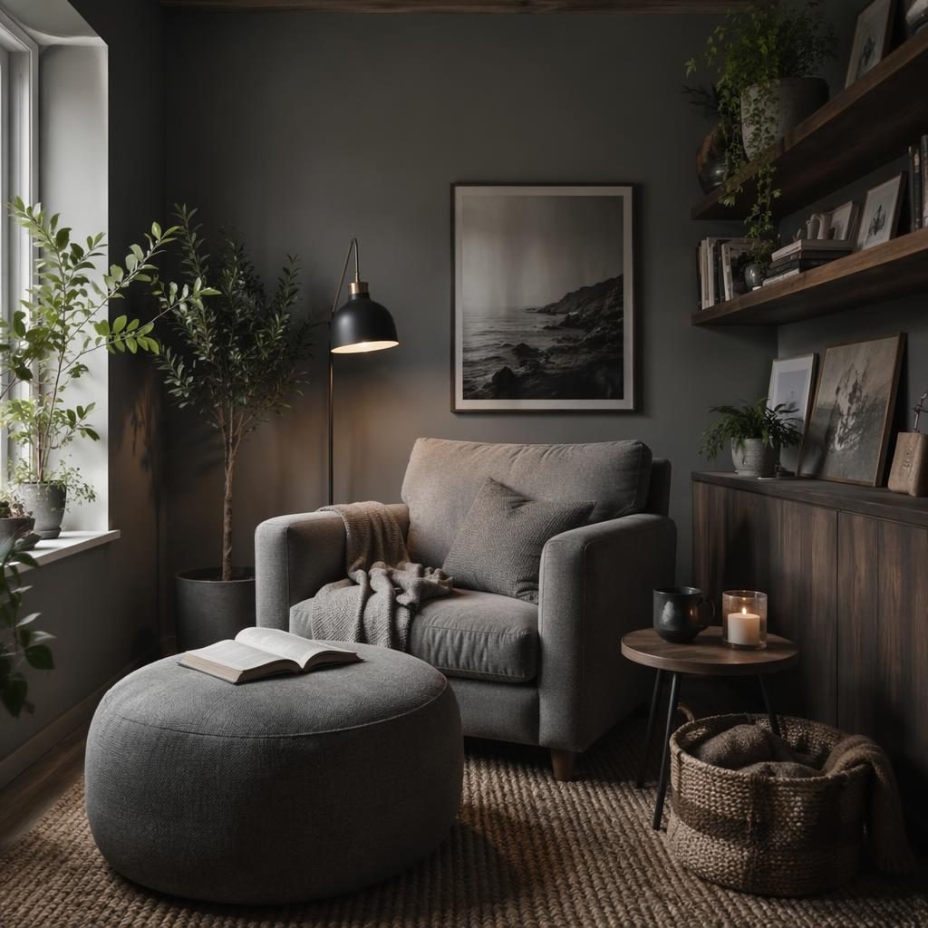 Rincón de lectura escandinavo con estanterías abiertas de cocina costera, grises fríos, madera, plantas y luz tenue
