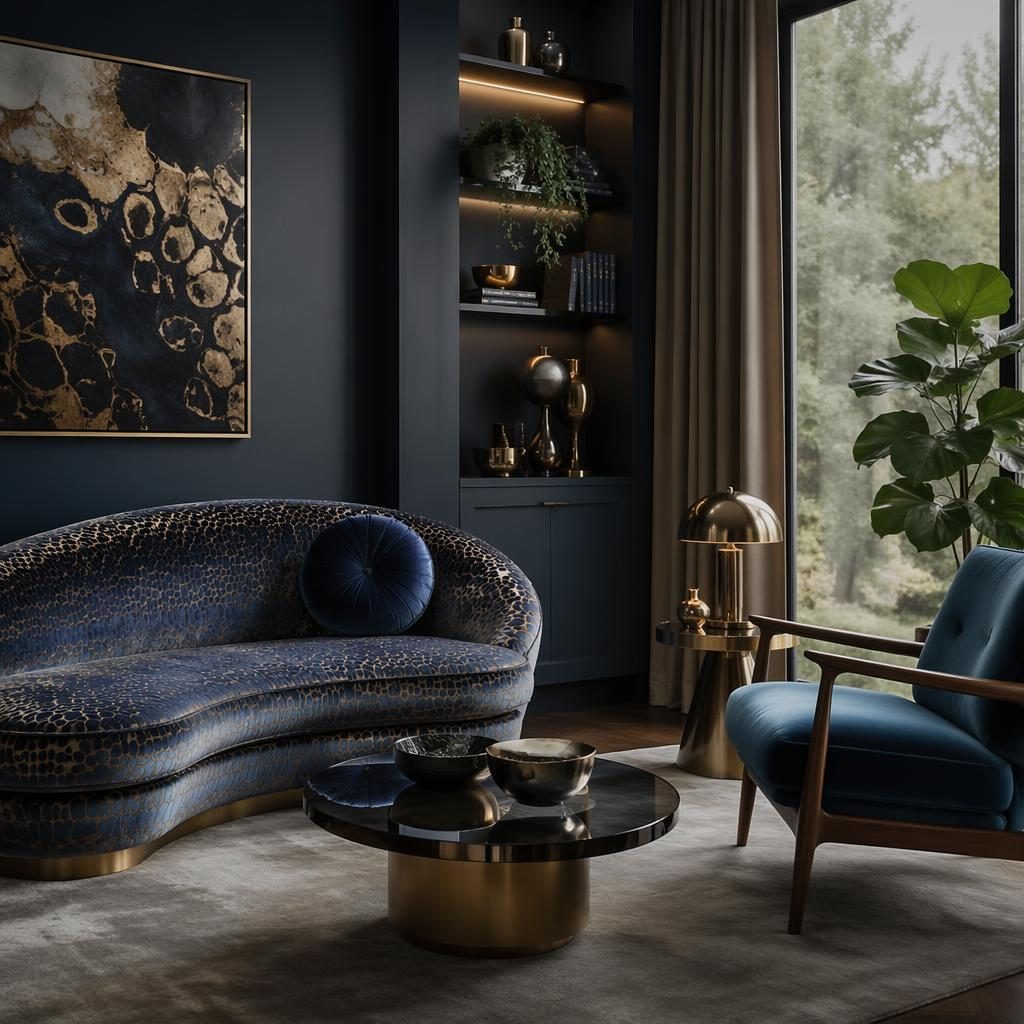 Mid-century living room reading nook with a roberto cavalli sofa, blue and brass accents, plants, art, and textiles