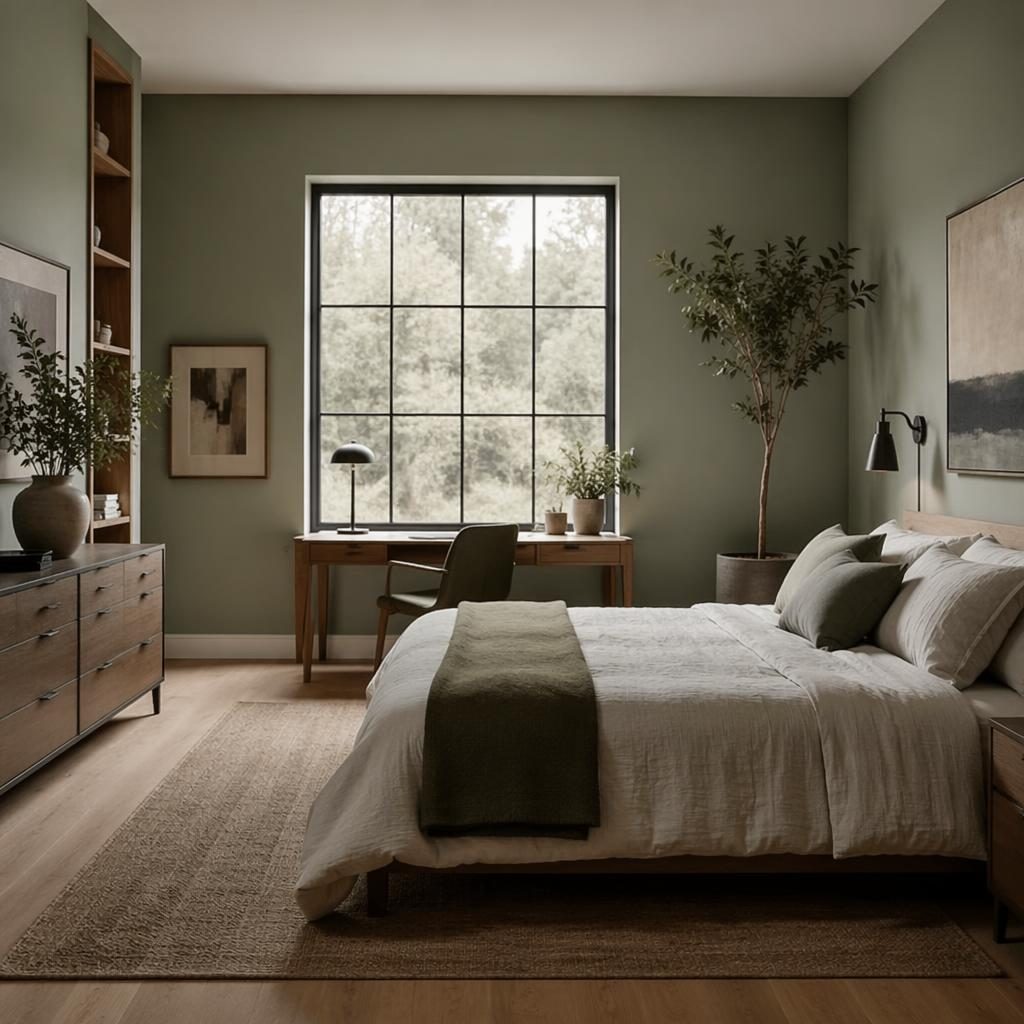 Minimalist muted interior render in sage and cream with natural materials, plants, textiles, art, and soft overcast light.