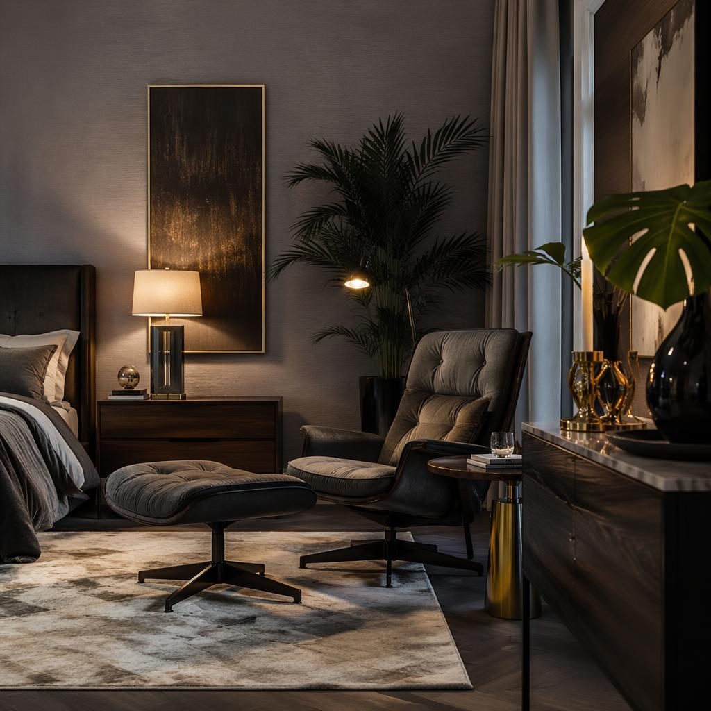 Luxury contemporary bedroom with a mid-century reading lounge, cool grey palette, warm evening light, plants, art and textiles.