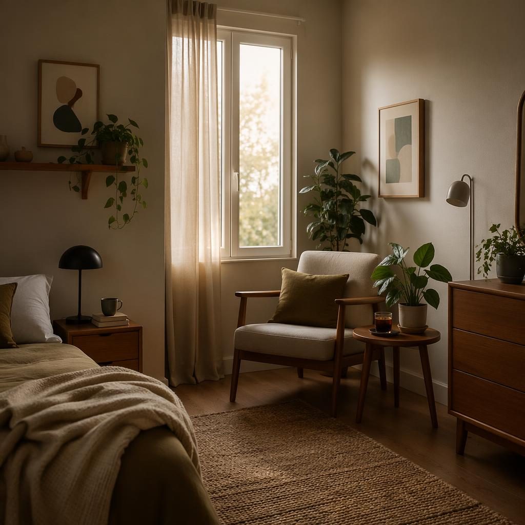 Dormitorio escandinavo con rincón de lectura, tonos tierra, textiles, plantas, arte mural y luz ambiental tenue