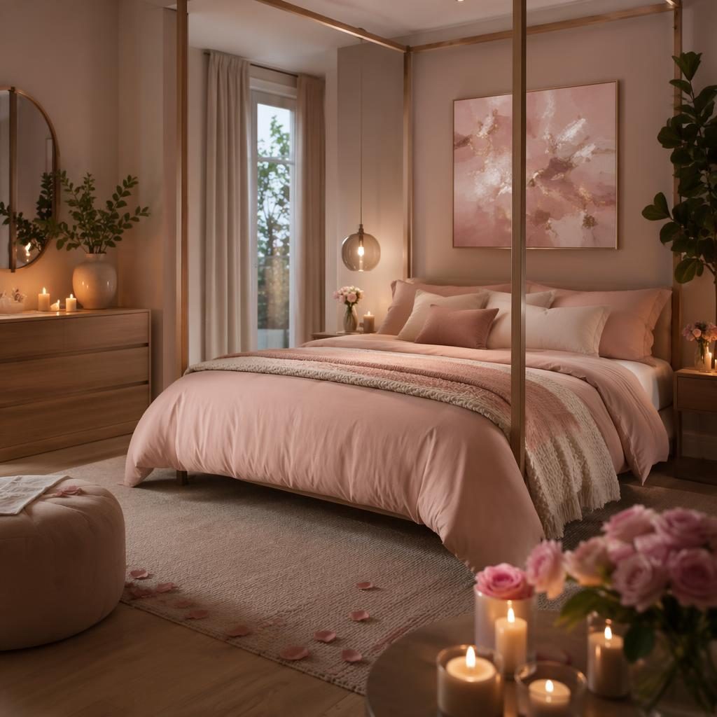 Dormitorio en rosa pastel y beige con luz natural, textiles suaves, plantas, arte mural y muebles de estilo nórdico.