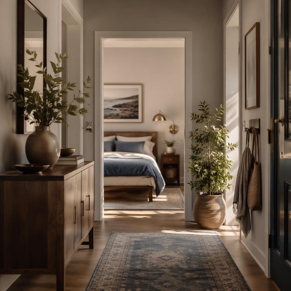 Scandinavian bedroom interior render with blue and brass accents, natural materials, plants, textiles, and warm golden hour light.