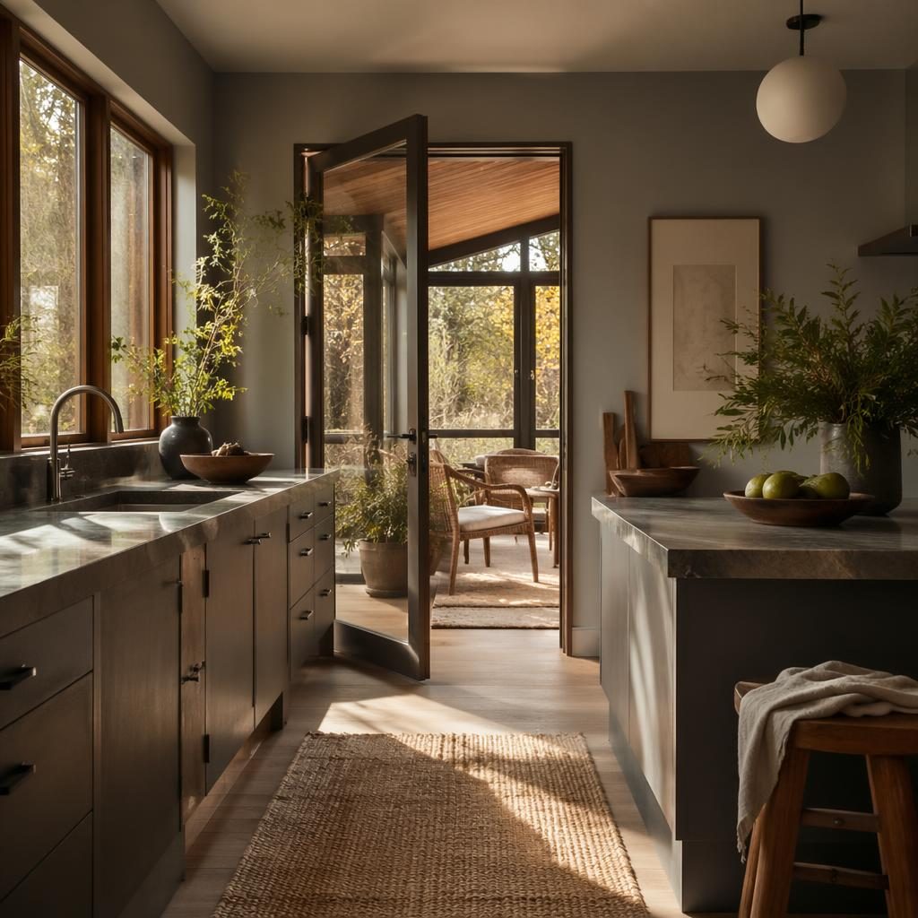 Japandi study interior with cool grey tones, natural wood, plants, textiles, art, and golden hour light in a sun porch setting.