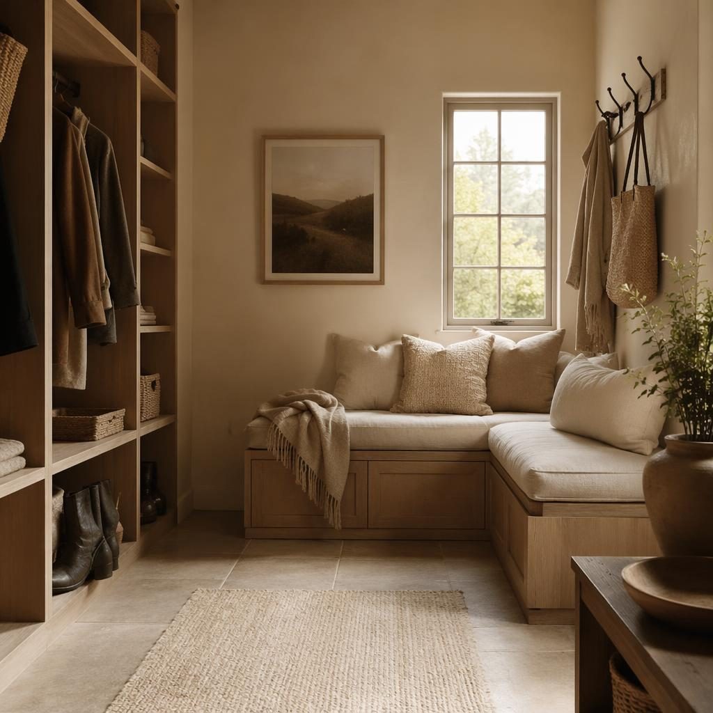 Farmhouse mudroom interior with corner bench seating, warm neutral tones, natural wood, soft daylight, plants and textiles
