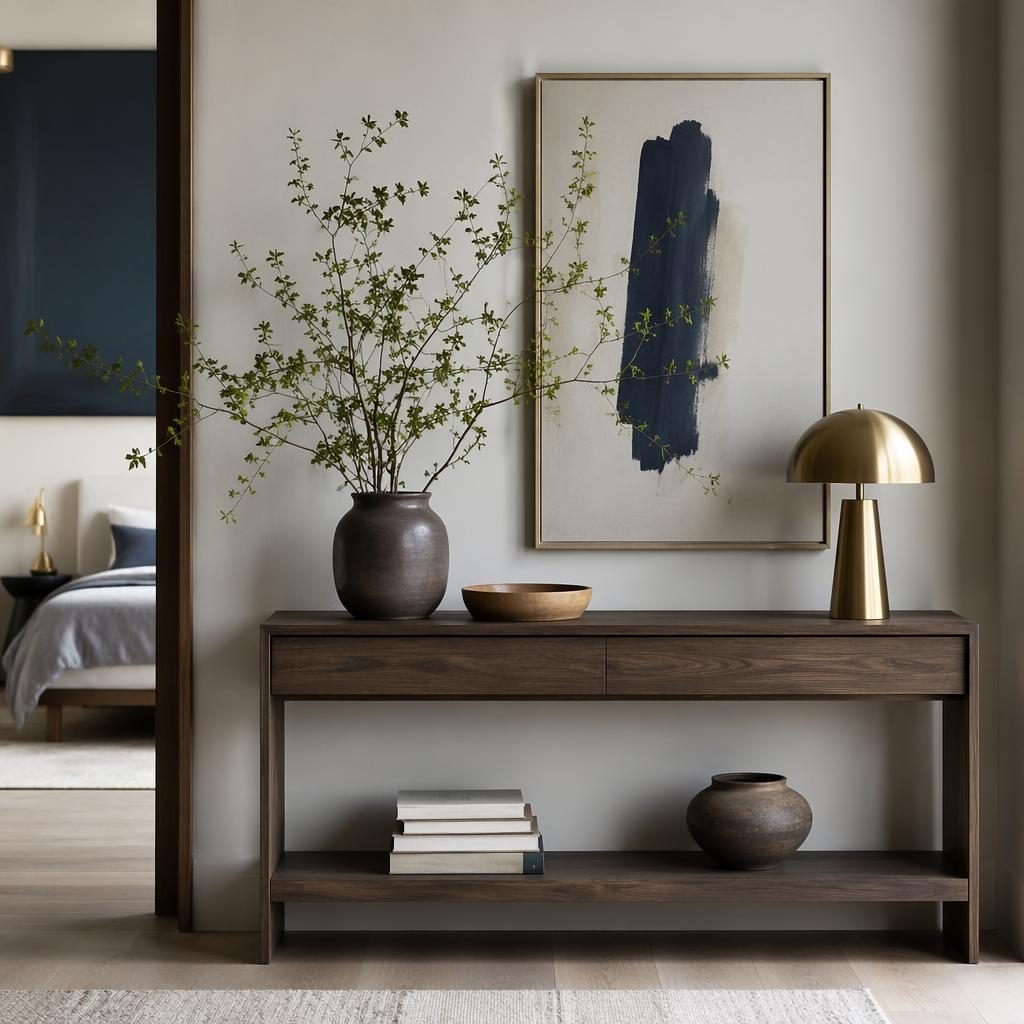 Scandinavian bedroom interior with blue and brass accents, natural materials, plants, art, textiles, and modern console table decor