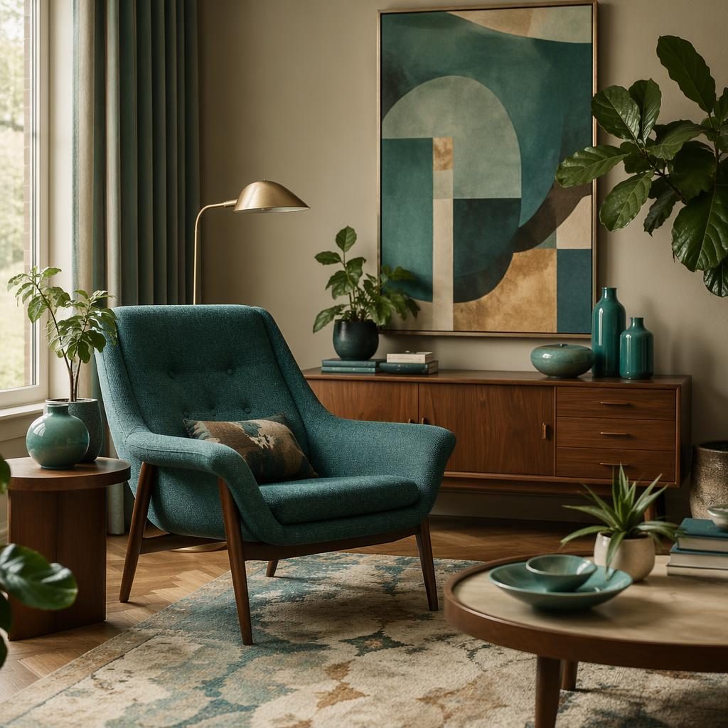 Mid-century reading nook with turquoise decor, earth tones, plants, art, textiles, and soft daylight in a realistic interior