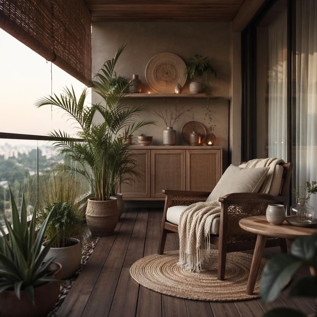 Japandi balcony interior render with warm neutral tones, natural wood furniture, plants, textiles, and moody ambient light