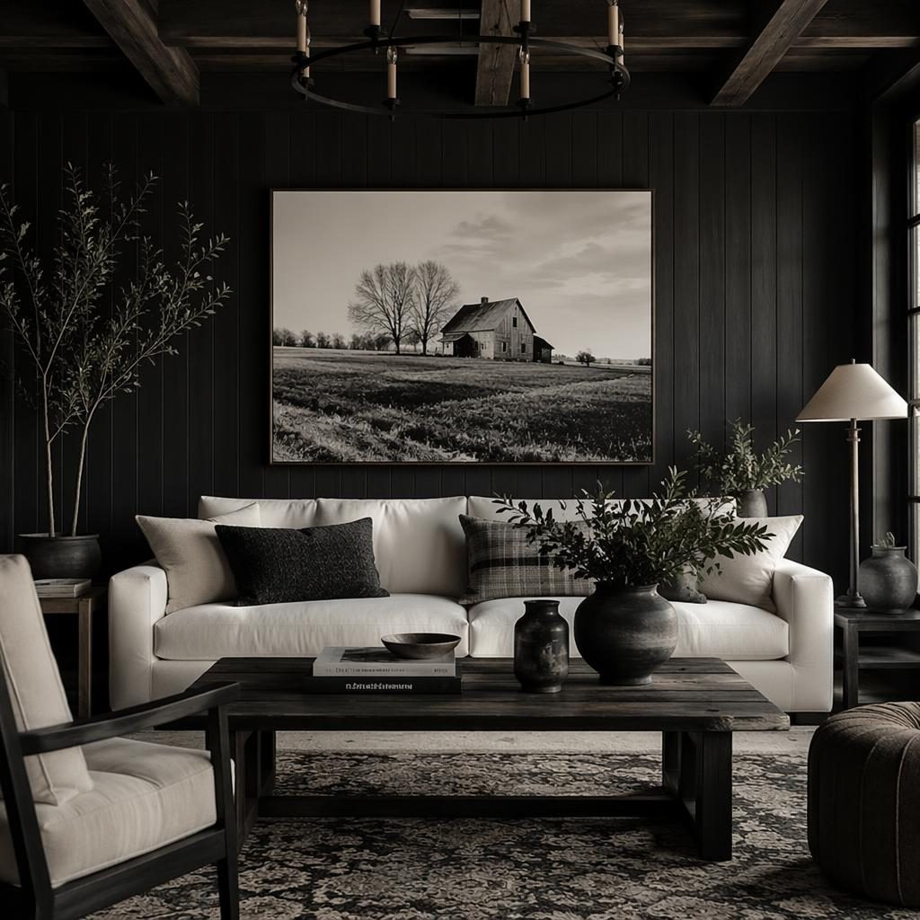 Modern farmhouse kitchen interior in a black and white palette with natural materials, plants, textiles, and framed wall art.