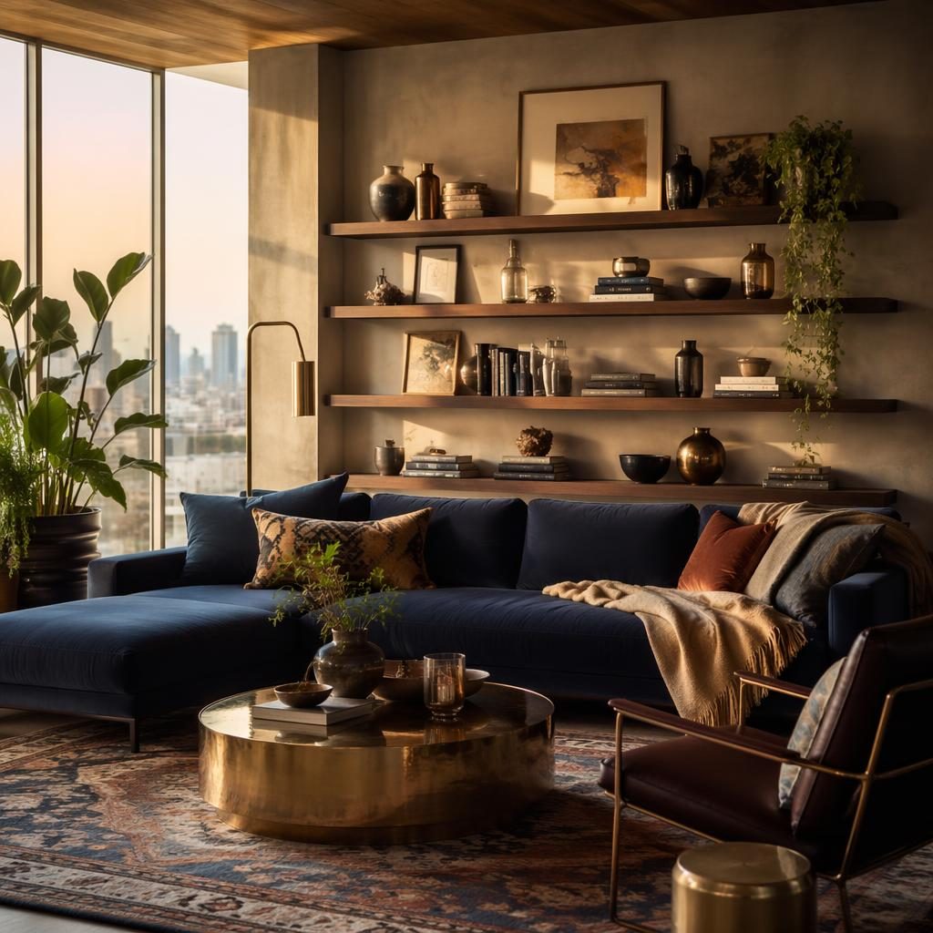 Boho penthouse living room with blue seating, brass accents, floating shelves, plants, art, and golden hour light.