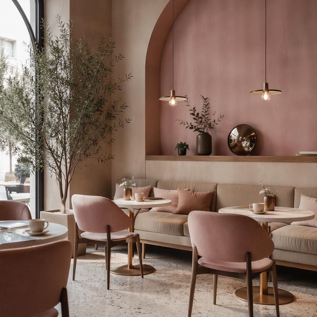 Muted minimalist interior render with pastel pink and beige palette, natural materials, plants, art, and soft diffused light.