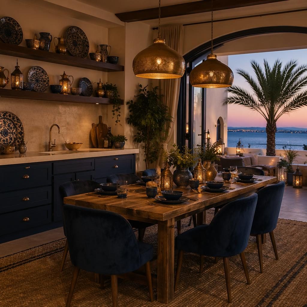 Coastal dining room and kitchen with open shelving, blue and brass accents, plants, textiles, and warm evening light