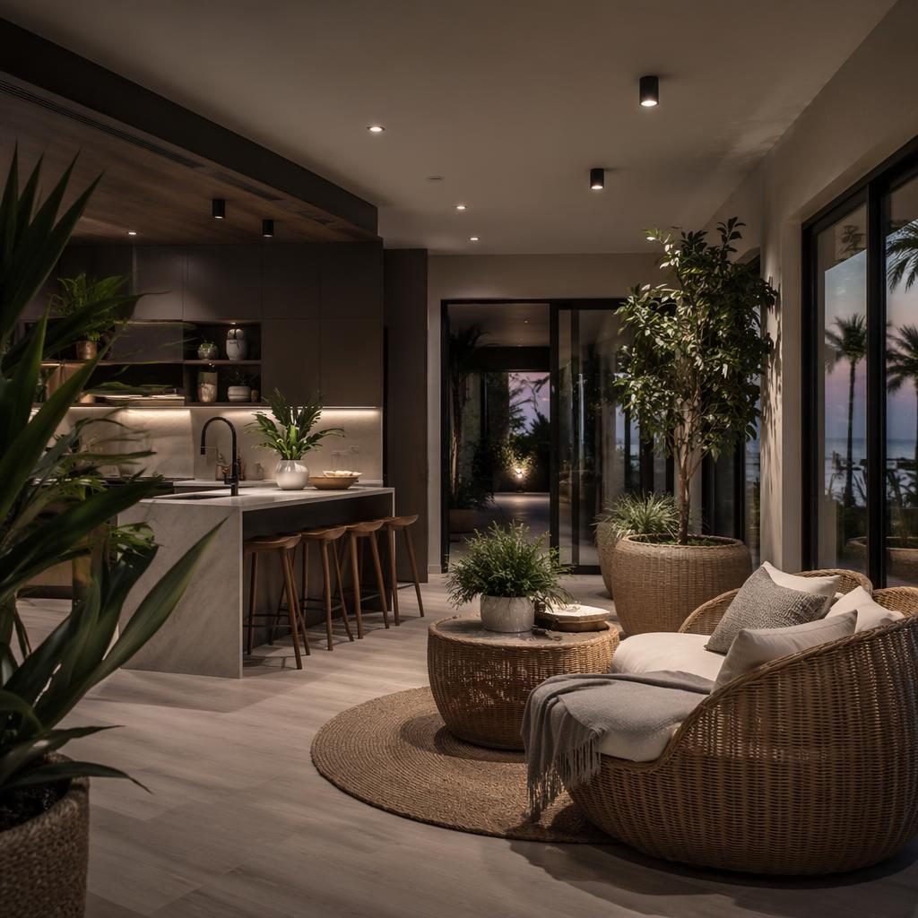 Cocina contemporánea de lujo en tonos grises, con ratán, plantas, textiles y luz cálida de tarde, sin personas.