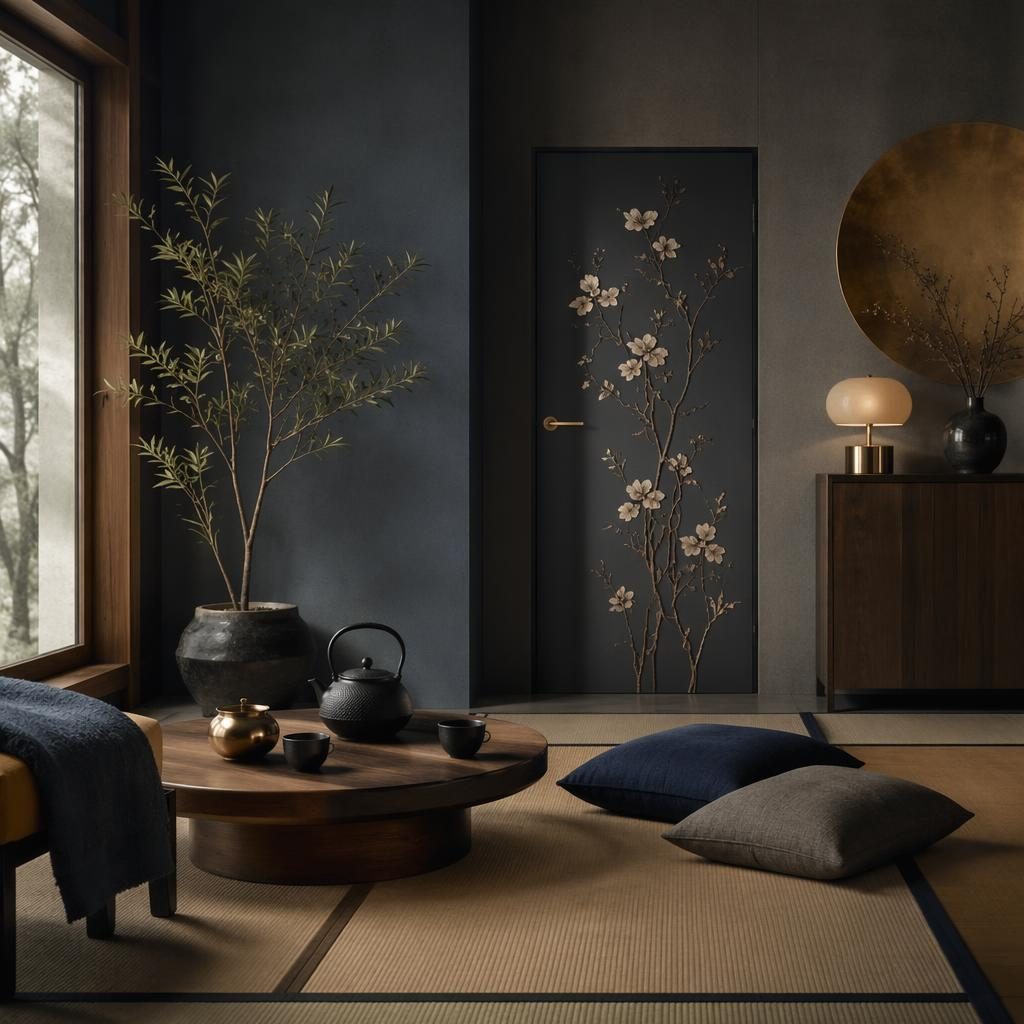 Chambre japandi style salon de thé, palette bleu et laiton, porte intérieure décorée, matériaux naturels, plantes et lumière tamisée.