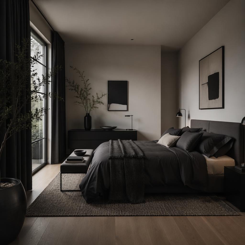 Dormitorio escandinavo minimalista en blanco y negro, con madera natural, textiles, arte, plantas y luz tenue.