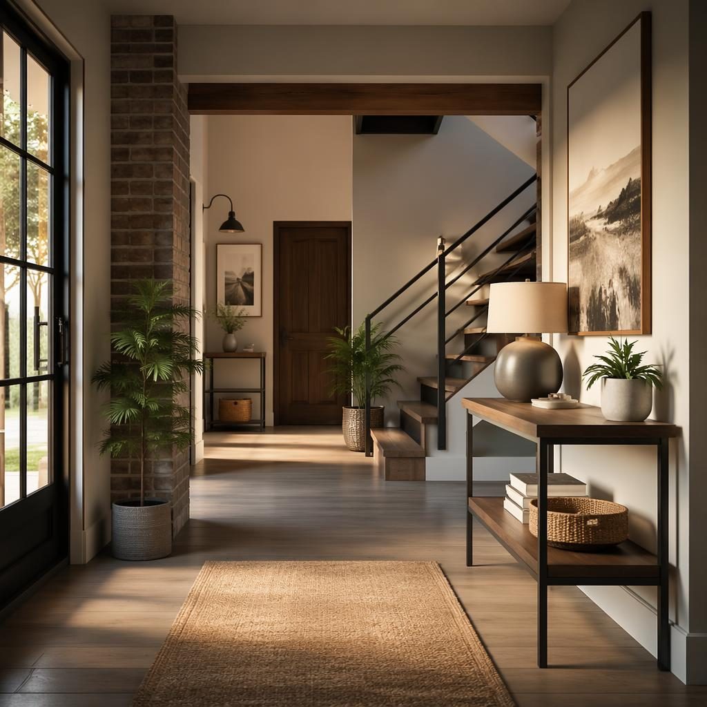 Render fotográfico de cocina costera con estantes abiertos, tonos neutros cálidos, materiales naturales y luz dorada