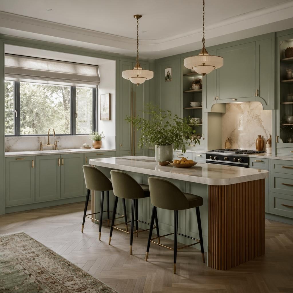 Realistic art deco kitchen interior in sage and cream with natural materials, plants, textiles, and soft daylight.