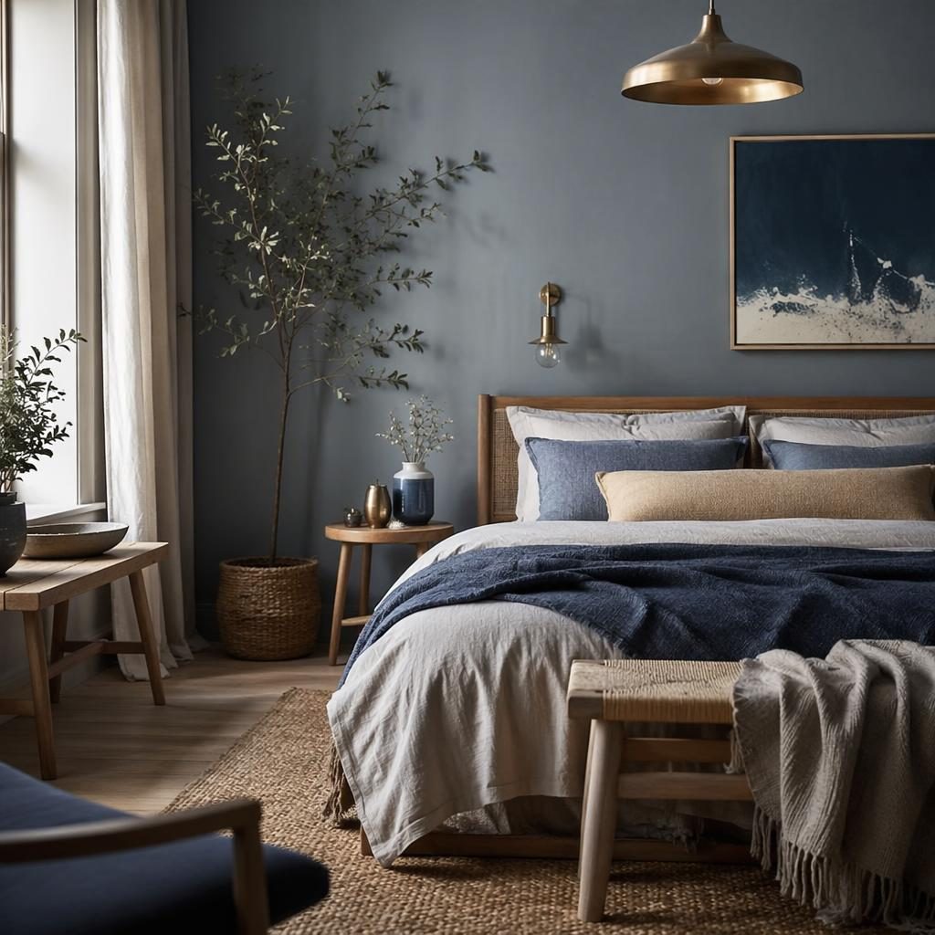 Skandinavisches Boho-Schlafzimmer mit blauen Textilien, Messingakzenten, Pflanzen, Kunst und natürlichen Materialien.