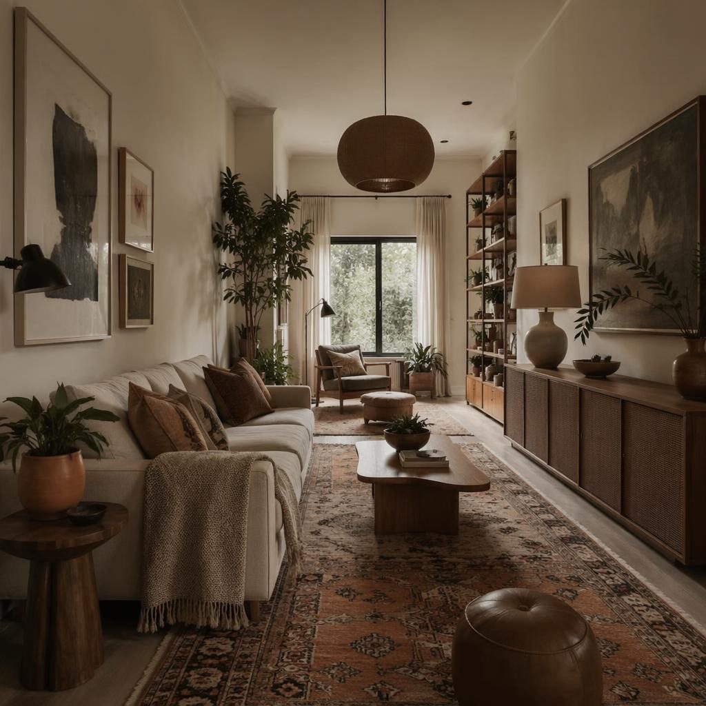 Realistic interior render of a long narrow living room with warm neutral tones, mid-century furniture, rugs, plants, art, and textiles