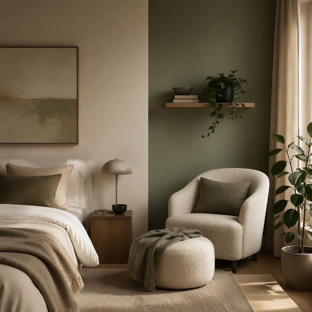 Minimalist sage and cream bedroom with reading nook, warm neutral decor, plants, art, textiles, and natural materials