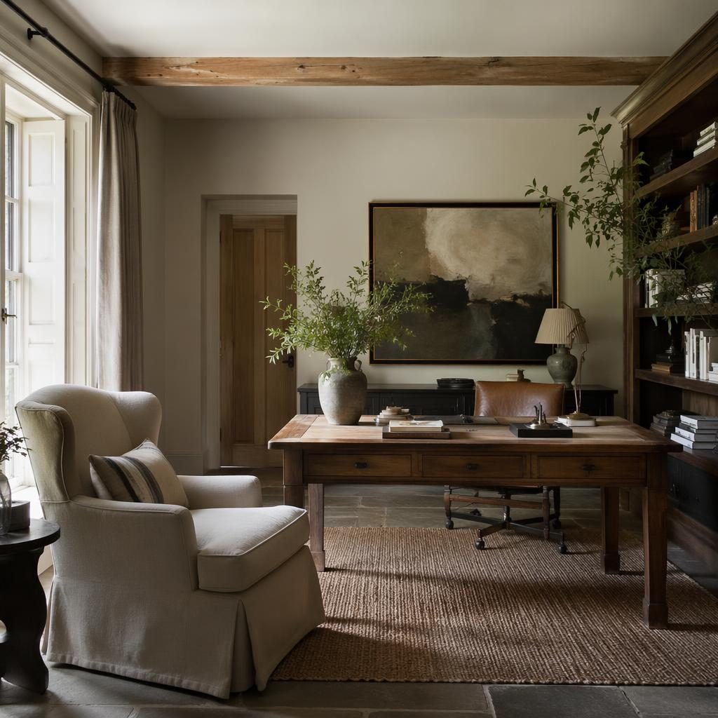 Modern farmhouse living room with earth tones, soft daylight, natural wood, layered textiles, plants, and framed art
