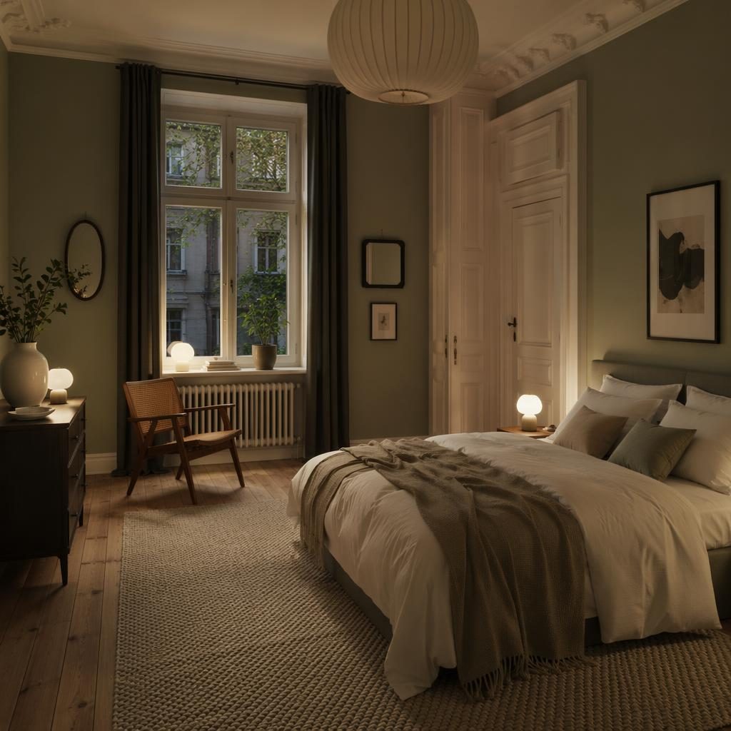 Salbei-cremefarbenes Schlafzimmer im Altbau mit natürlichen Materialien, Textilien, Pflanzen und warmer Abendstimmung