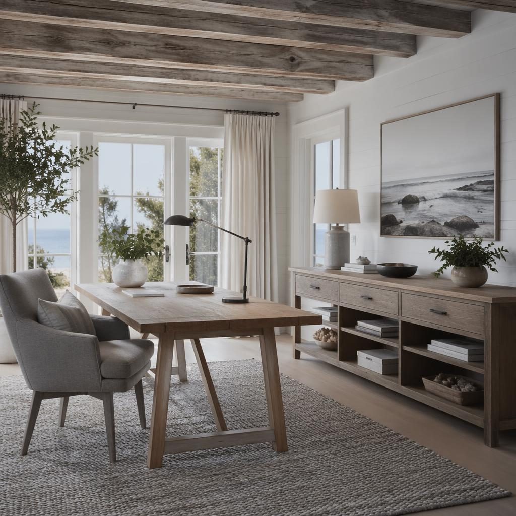 Scandinavian home office with open farmhouse beams, cool grey tones, natural wood, plants, textiles, art, and soft daylight.