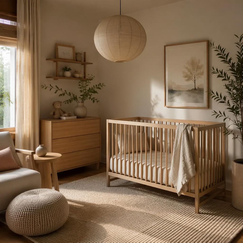 Soft pastel baby nursery with japandi design, natural wood furniture, textiles, plants, art, and moody ambient light.