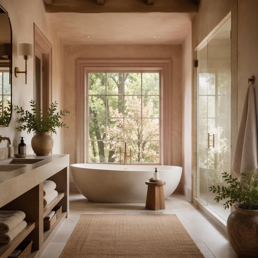 Luxury contemporary spa bathroom with pastel pink and beige tones, moody natural light, trim detail, plants, textiles, and art.
