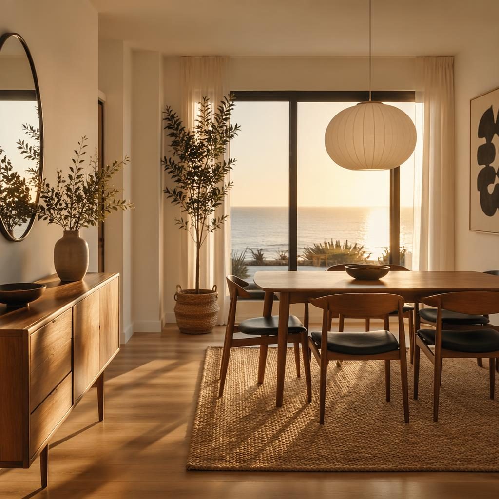 Comedor costero de madera cálida estilo mid century, paleta blanco y negro, plantas, arte textil y luz dorada.