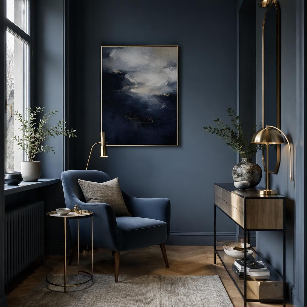 Coin lecture scandinave dans une entrée, palette bleu et laiton, bois clair, plantes, textiles, art mural, lumière diffuse.