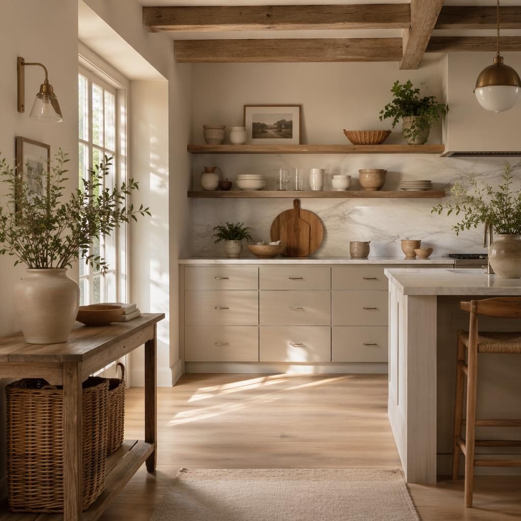 Kücheninnenraum im Coastal-Stil mit offenen Regalen, warmen Naturtönen, Holz, Pflanzen und goldenem Abendlicht.
